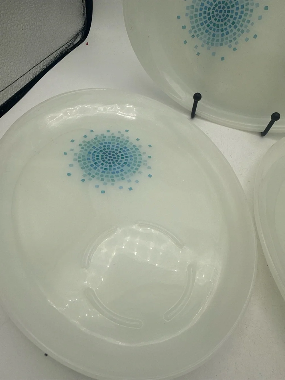 3 Vintage Fire-King Blue Mosaic Oval Snack Plates Milk Glass Anchor Hocking